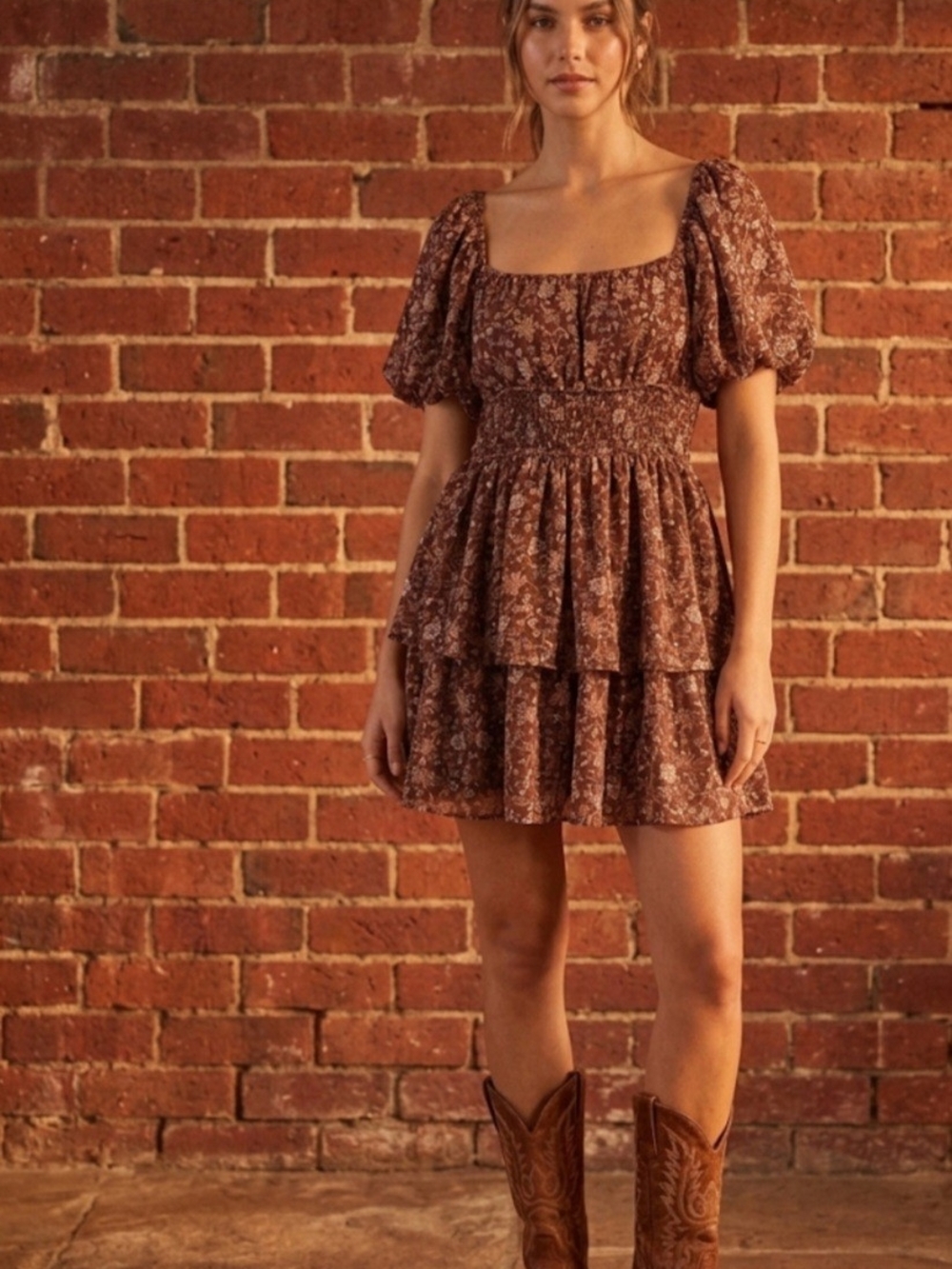 Trixxi Brown Floral Square-Neck Tiered Mini Dress